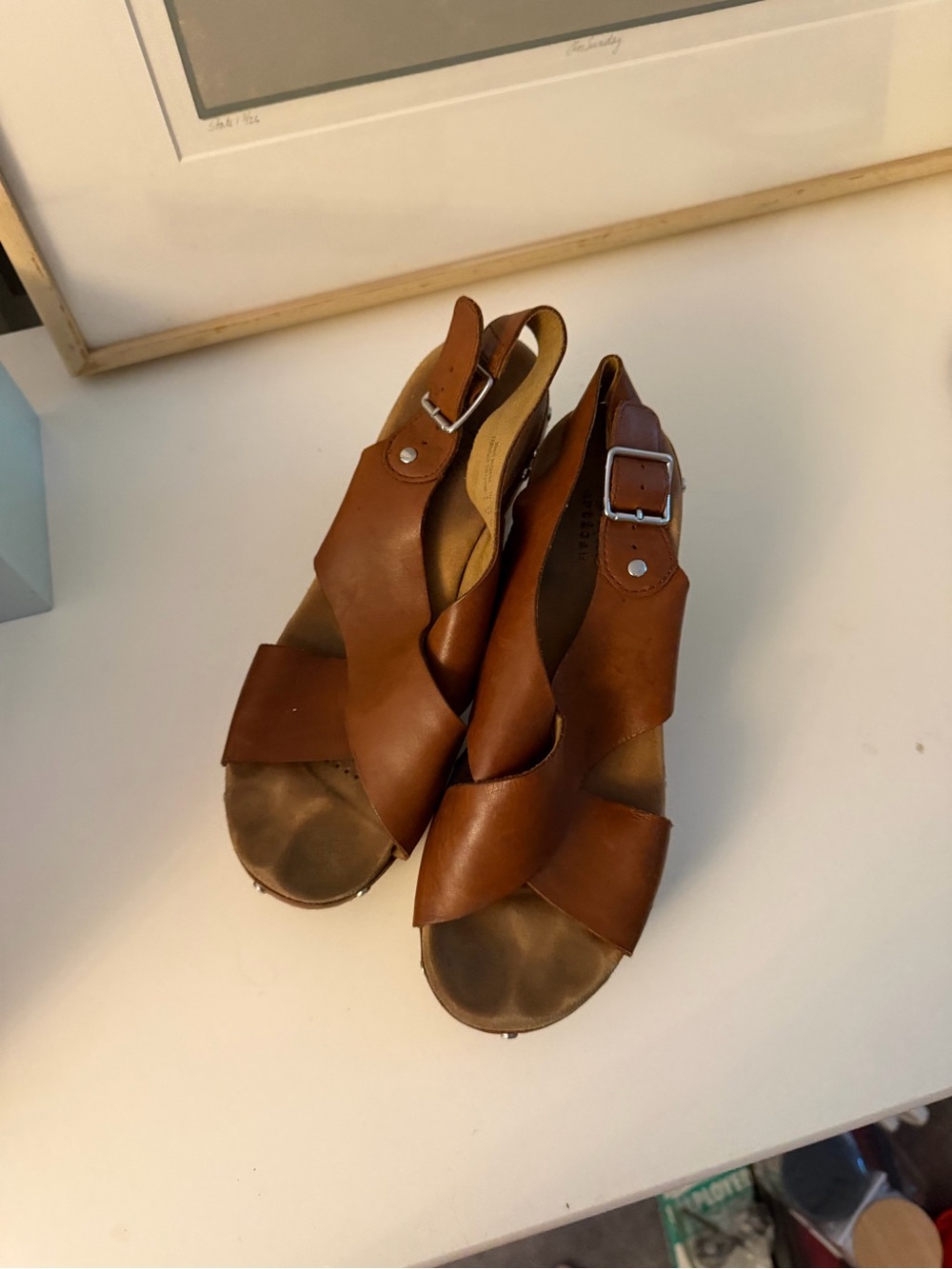 Clarks Tan Brown Leather Crisscross Slingback Sandals